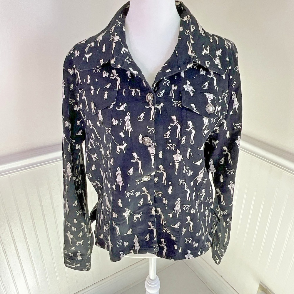 New Identity Vintage Black White Dog Walking Pattern Jacket‎ Women Size XL